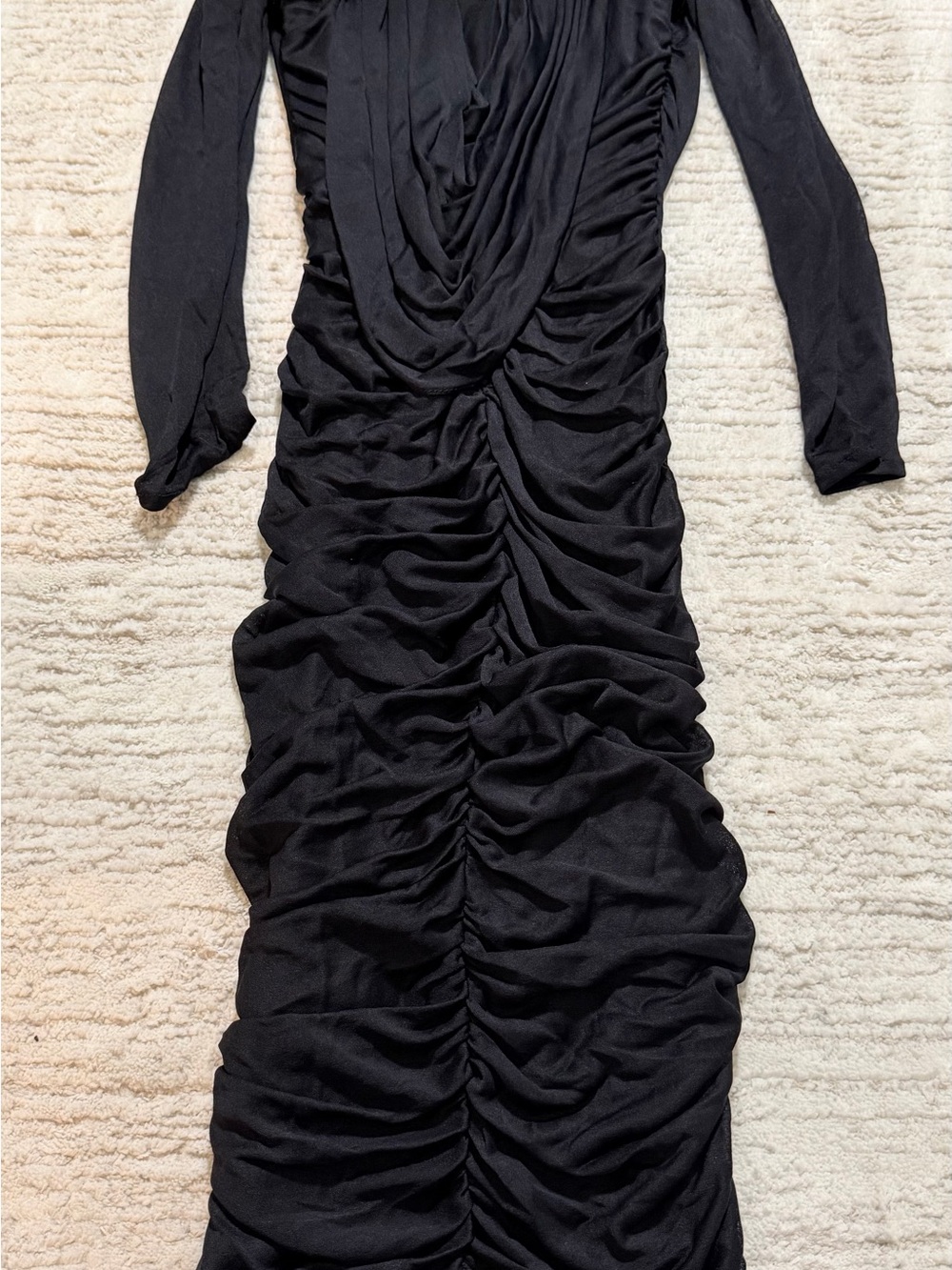 Black Ruched Long-Sleeve Cocktail Dress